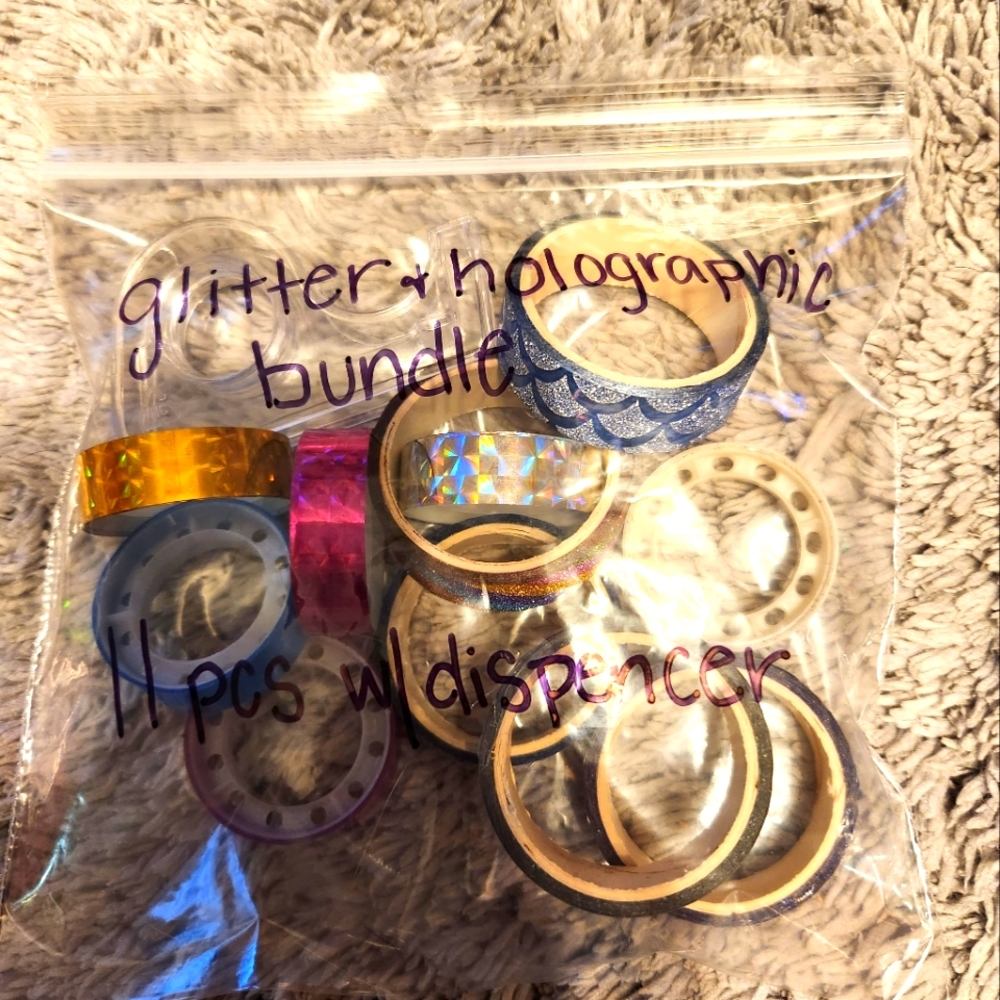 11 roll bundle of glitter and holographic washi tape with dispenser